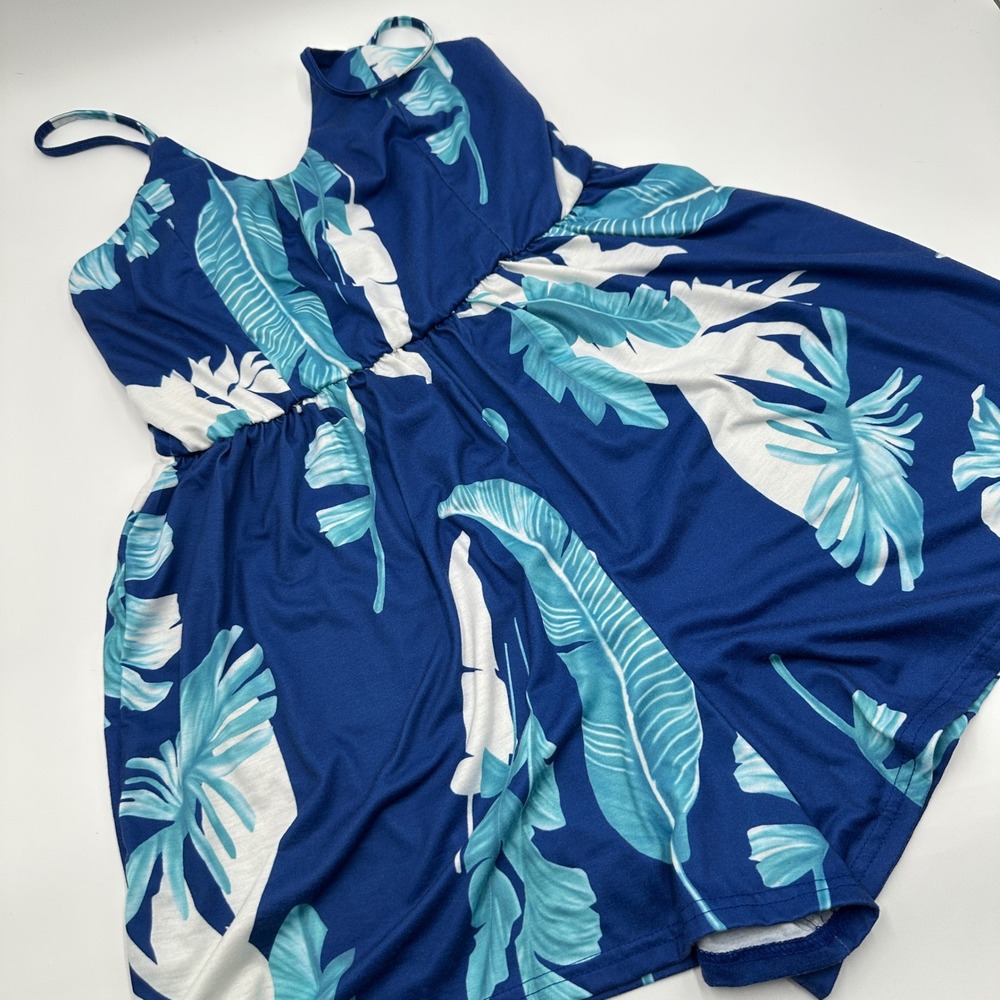 Tropical Leaf Romper Womens L Blue Resort Vacation Beach Boho Angashion